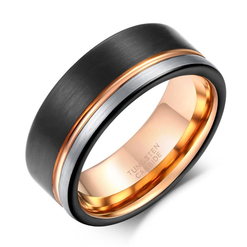 TIGRADE Ring Men Tungsten Ring Black Rose Gold Line Brushed 6/8mm Wedding Band Engagement Ring Men&#39;s Party Trendy Bague Homme