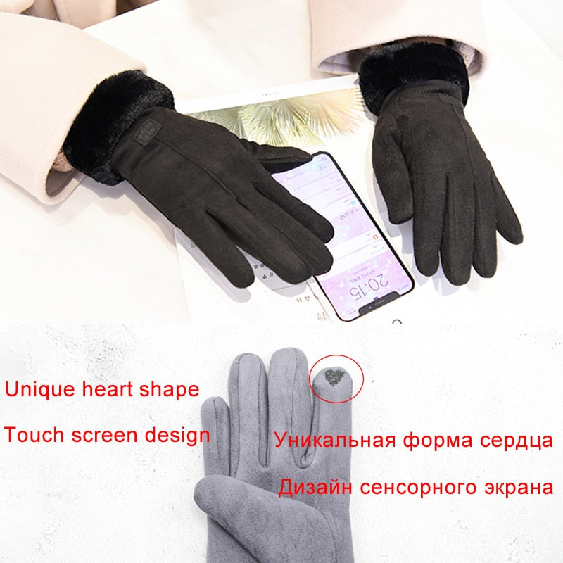 Winter Gloves For Women Touch Screen Lady Suede Warm Plush Inside Finger Gloves Female Winter Elegant Soft Black Mittens Gloves