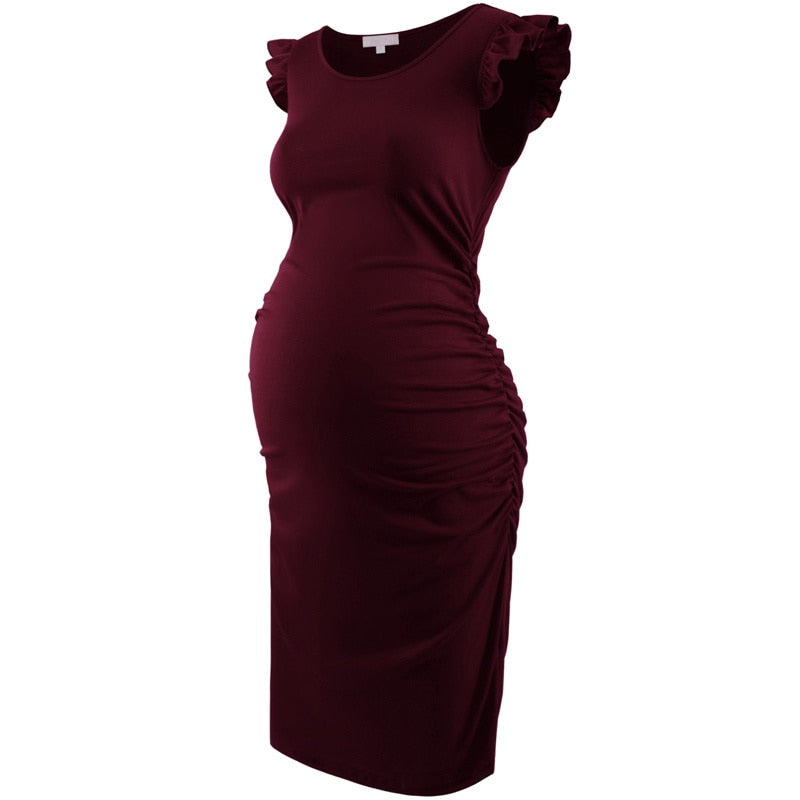 Maternity Dresses Summer Stretchy Flying Sleeve Ruched Side Baby Shower Bodycon Pregnancy Dress Clothes for Pregnant Women