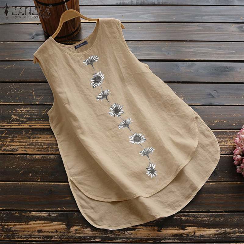 Women's Irregular Blouse ZANZEA 2022  Tanks Tops Casual Linen Blusas Female Sleeveless Chemise Summer Tee Shirts