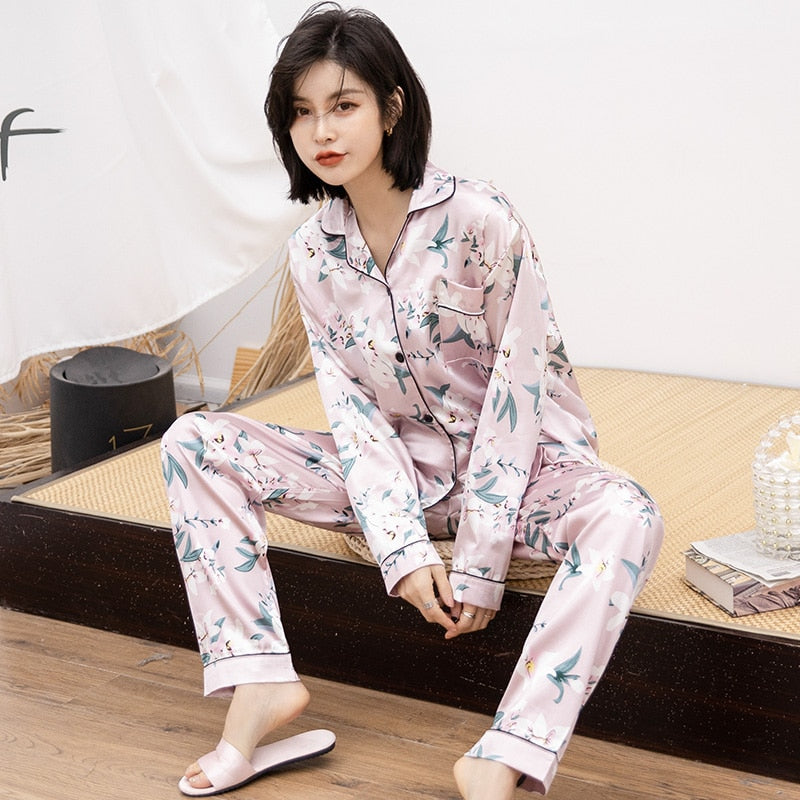 Spring Summer Women&#39;s Pijamas Silk Satin Pajamas Set Long Sleeve and Trouser Pyjamas Suits Sleepwear Loungewear Female Mujer