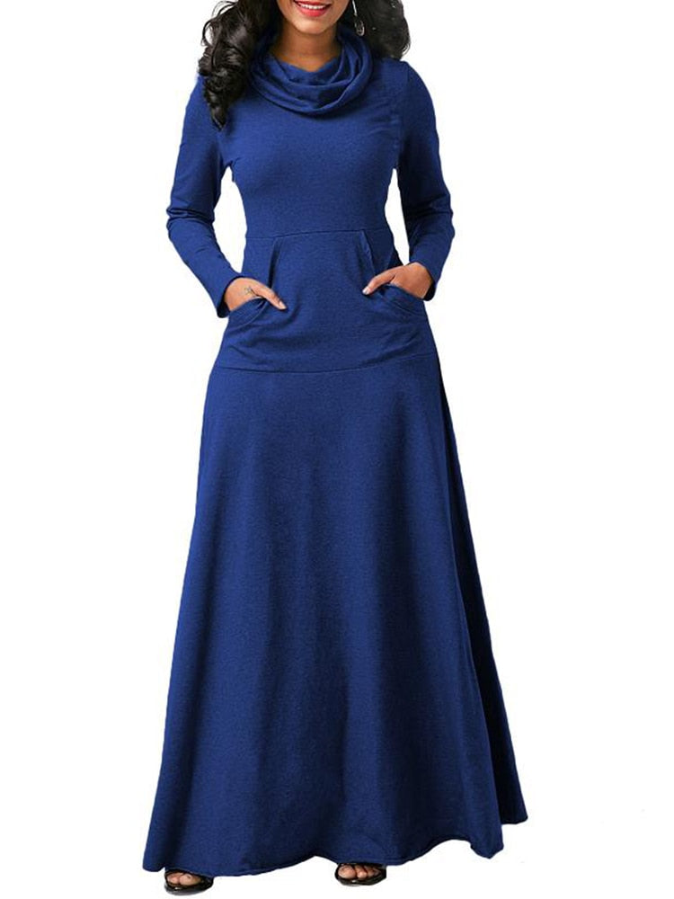 Women Warm Dress With Pocket Casual Solid Vintage Autumn Winter Maxi Dress Robe Bow Neck Long Elegant Dress Vestidos Female Body