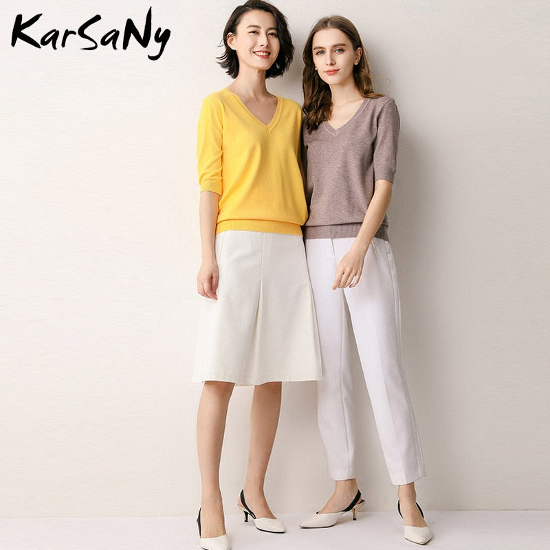 KarSany Half Sleeve Knitted Blouse Women Summer 2022 Pullovers Ladies V-neck Blouses Blouse Knitted Womens Tops And Blouses