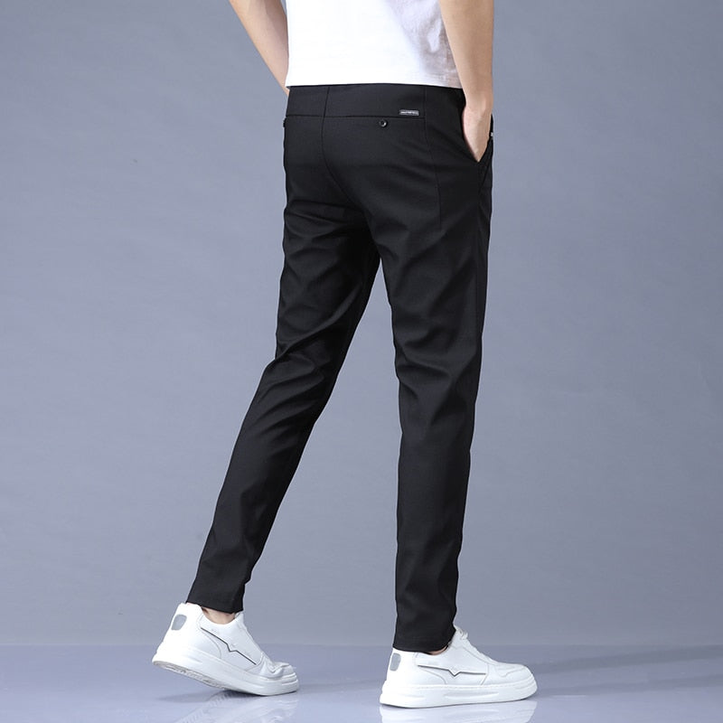 2022 Spring Summer Pants Mens Stretch Korean Casual Slim Fit Elastic Waist Business Classic Trousers Male Black Gray 28-38