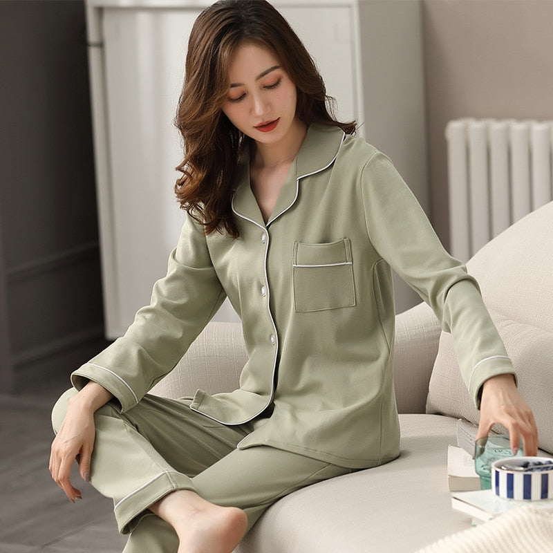 100% Cotton Pajamas for Women PJ Full Sleeves Pijama Mujer Invierno Button-Down Winter Sleepwear Set Women White Cotton Pyjamas