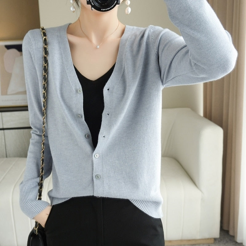 Spring Autumn New V-Neck Knitted Cardigan Women&#39;s Loose Large Size Thin Sweater All-Match Jacket Pure Color Basic Small Cardigan