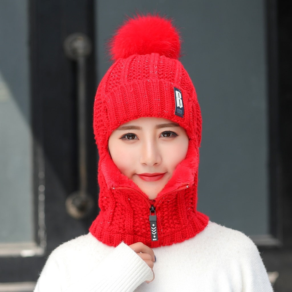 Coral Fleece Winter Women Knitted Hats Add Fur Warm Winter Hats For Women With Zipper Keep Face Warmer Balaclava Pompoms Cap