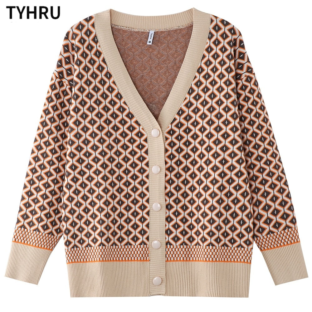 TYHRU Women&#39;s Knitting Sweater Color Matching Diamond Lattice Single-Breasted Buttons Loose Casual Knitted Cardigan Sweaters