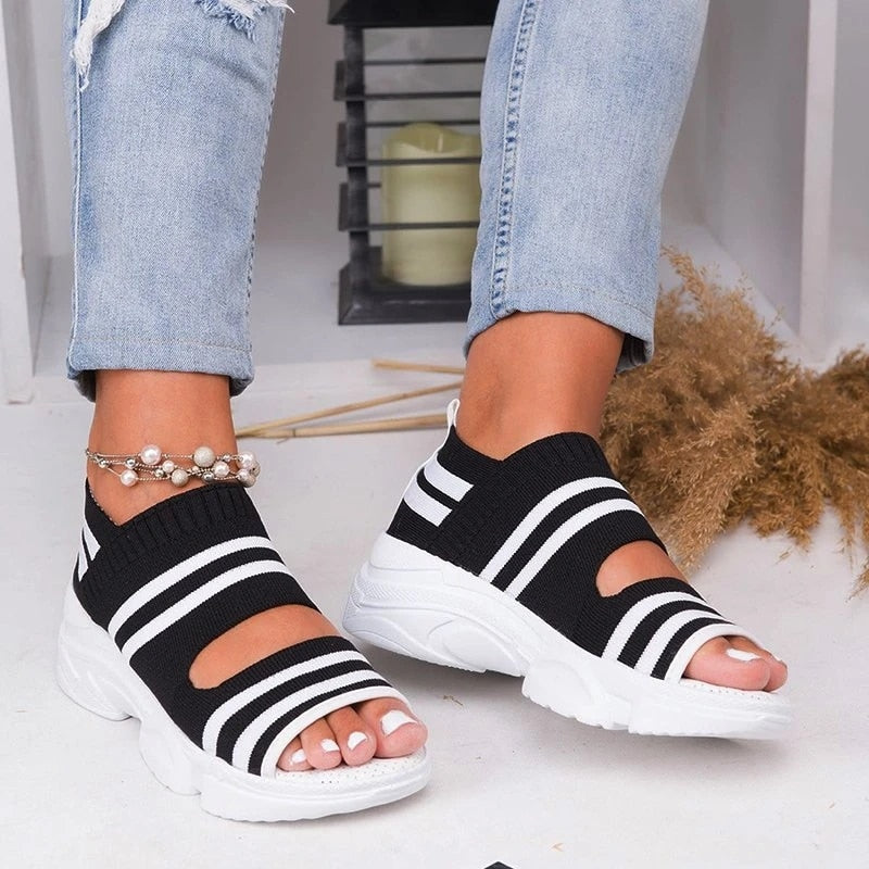 New Women Sandals 2022 High Heels Platform Women Shoes Summer Casual Female Sneakers Knitting Slip On Peep Toe Women Sandals