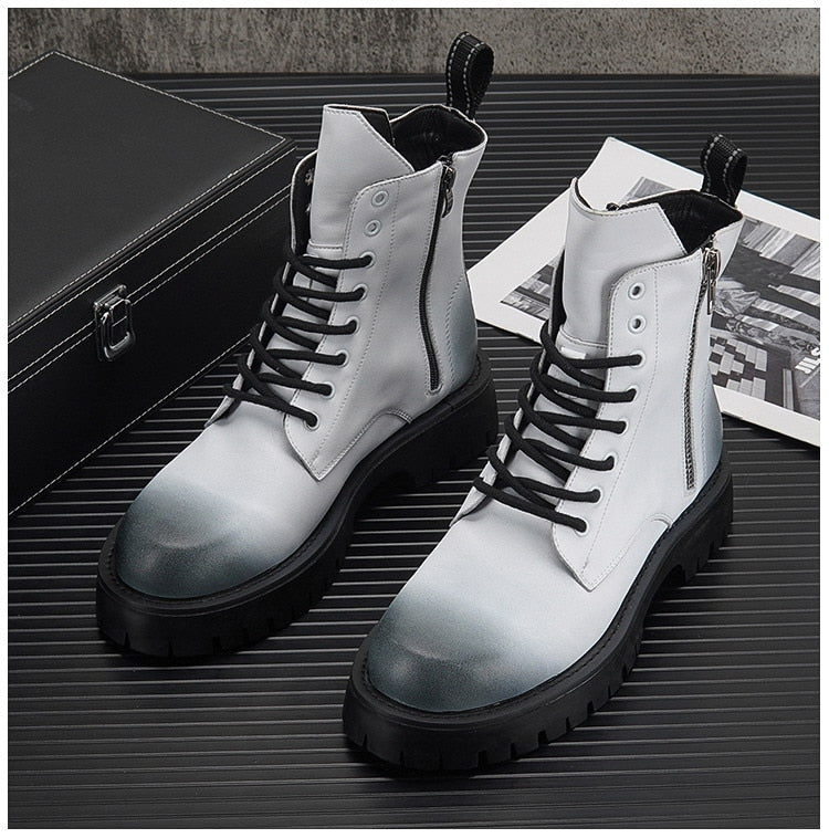 British Fashion Mens White Chelsea Boots Trending High Top Male Height Increasing Platform Short Mid Calf Motorcycle Botas 38-44