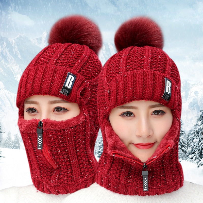 Coral Fleece Winter Women Knitted Hats Add Fur Warm Winter Hats For Women With Zipper Keep Face Warmer Balaclava Pompoms Cap