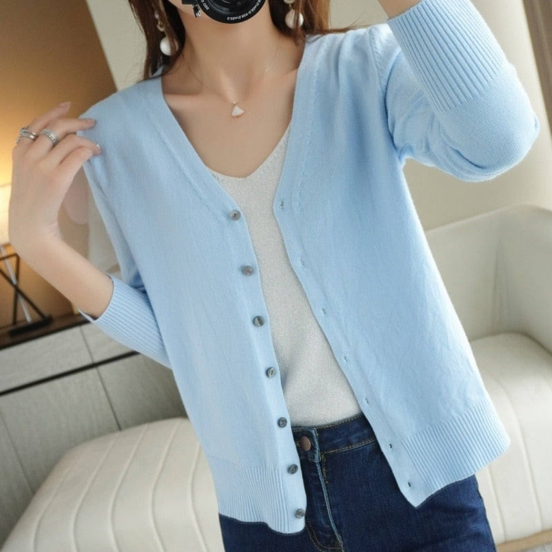 Spring Autumn New V-Neck Knitted Cardigan Women&#39;s Loose Large Size Thin Sweater All-Match Jacket Pure Color Basic Small Cardigan