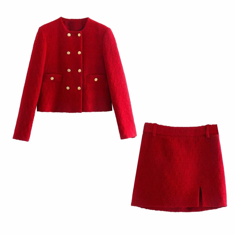 xikom Tweed Two pieces set Women red Vintage O Neck Long Sleeve Office Lady slim Blazer Coat Female Hight Waist skirt suit