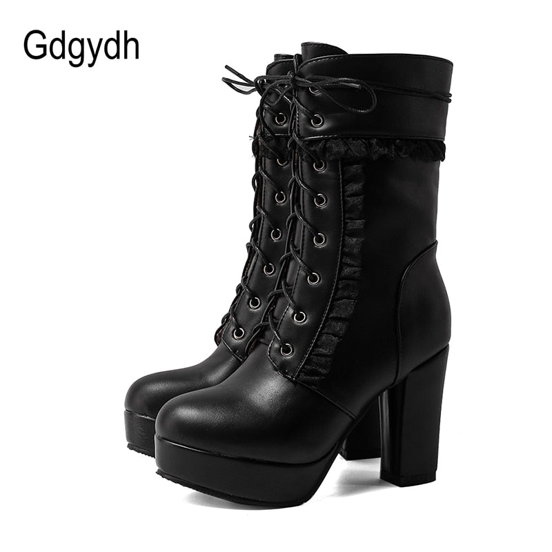 Gdgydh 2022 Autumn Winter Short Boots For Women High Hoof Heels Lace-up Ankle Strap Buckles Female Ankle Boots Fashion Ruffles