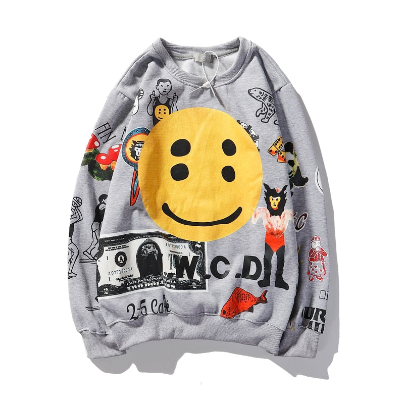 Harajuku Retro Smiley Flame Print Round Neck Sweatshirts Men and Women Plus Velvet Streetwear Fleece Hoodie Pullover