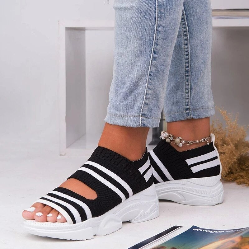 New Women Sandals 2022 High Heels Platform Women Shoes Summer Casual Female Sneakers Knitting Slip On Peep Toe Women Sandals