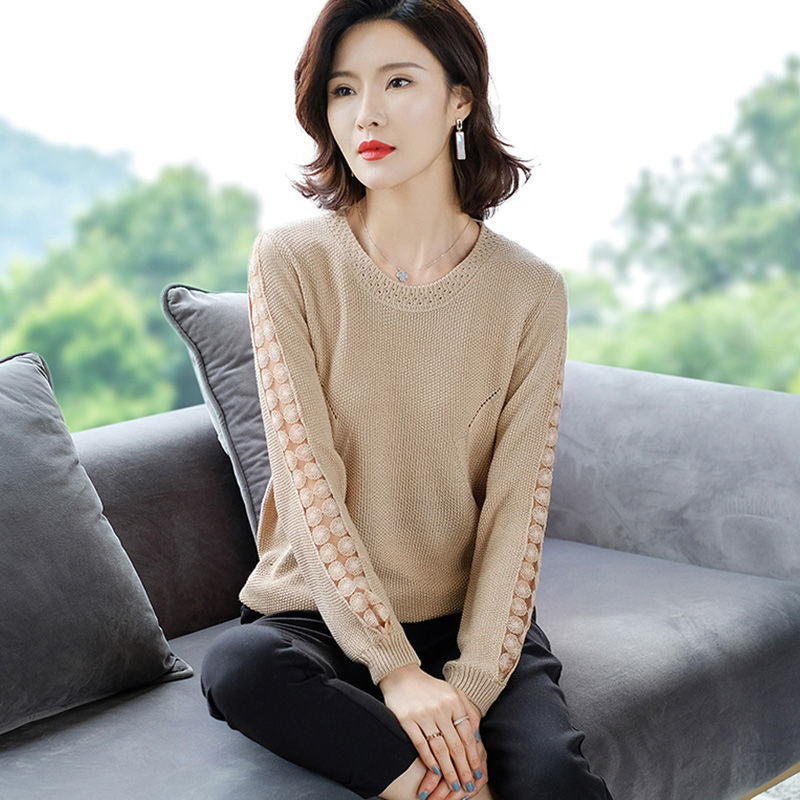 Stitching Lace Base Knitted Sweater Women Flowers Hollow Loose Round Neck Solid Color Casual Jumpers Female 2022 Spring