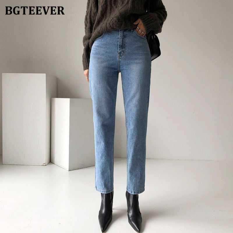 BGTEEVER Vintage Streetwear Women Denim Blue Jeans Autumn Winter High Waist Loose Trousers Female Straight Leg Jeans Pants