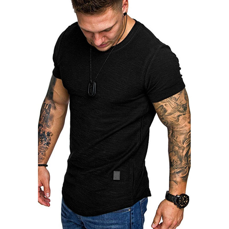 New Men&#39;s T-shirt Slim Fit O-neck Short Sleeve Muscle Fitness Casual Hip Hop Cotton Top Summer Fashion Basic T-shirt Large Size