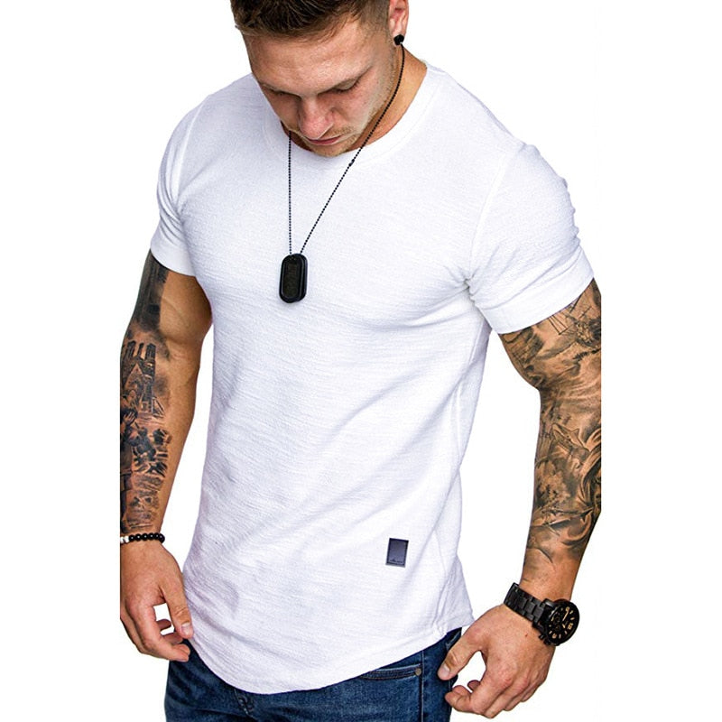 New Men&#39;s T-shirt Slim Fit O-neck Short Sleeve Muscle Fitness Casual Hip Hop Cotton Top Summer Fashion Basic T-shirt Large Size