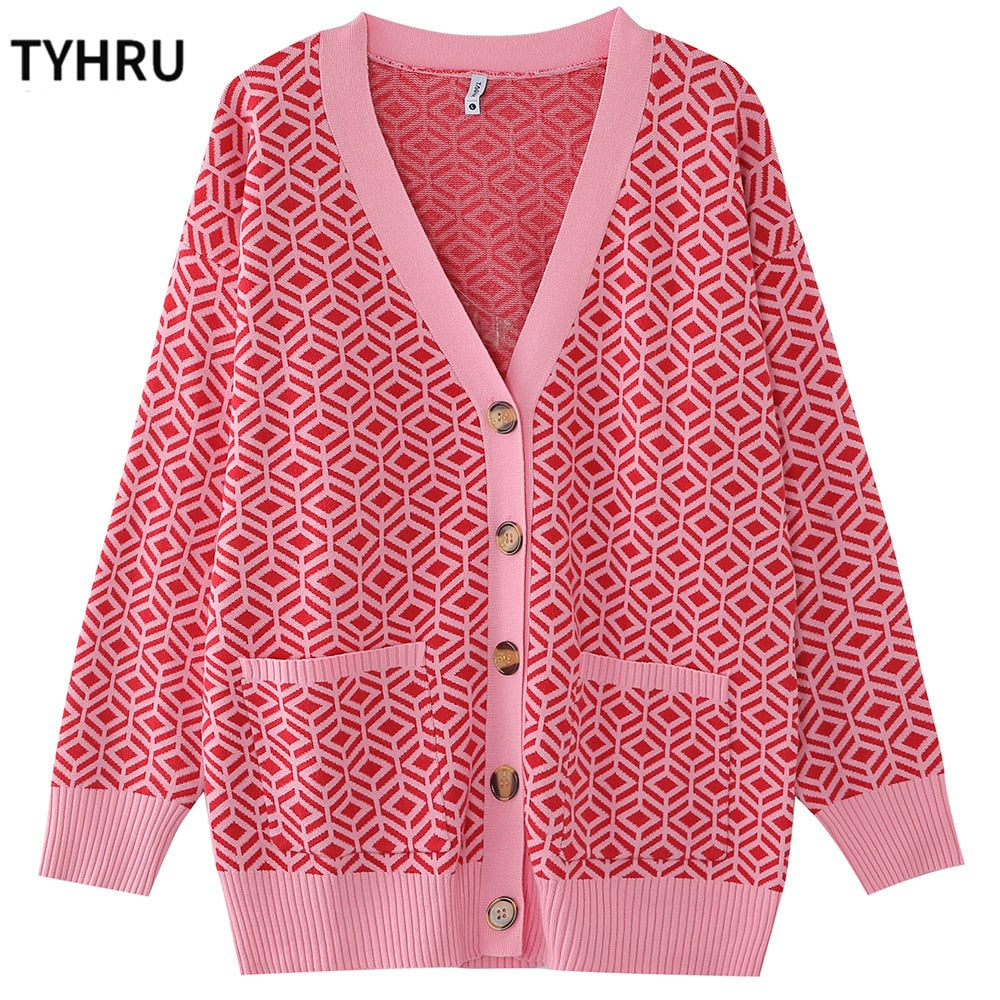 TYHRU Women&#39;s Knitting Sweater Color Matching Diamond Lattice Single-Breasted Buttons Loose Casual Knitted Cardigan Sweaters