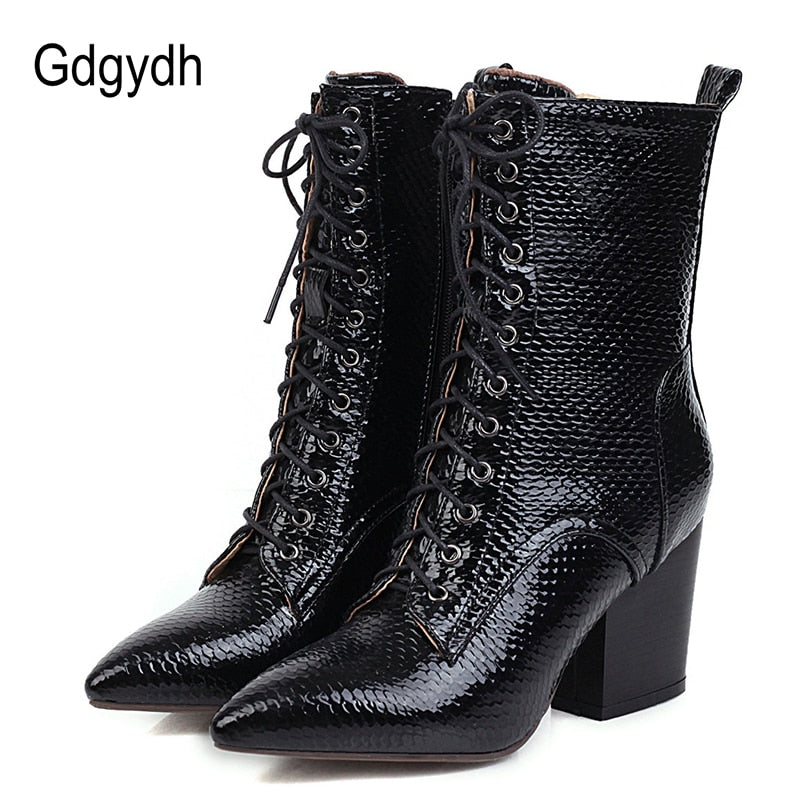 Gdgydh Pointed Toe Snake Boots Woman Ankle Strap Plush Inside Autumn Winter Shoes Female Fashion Zipper Short Boots Drop Ship