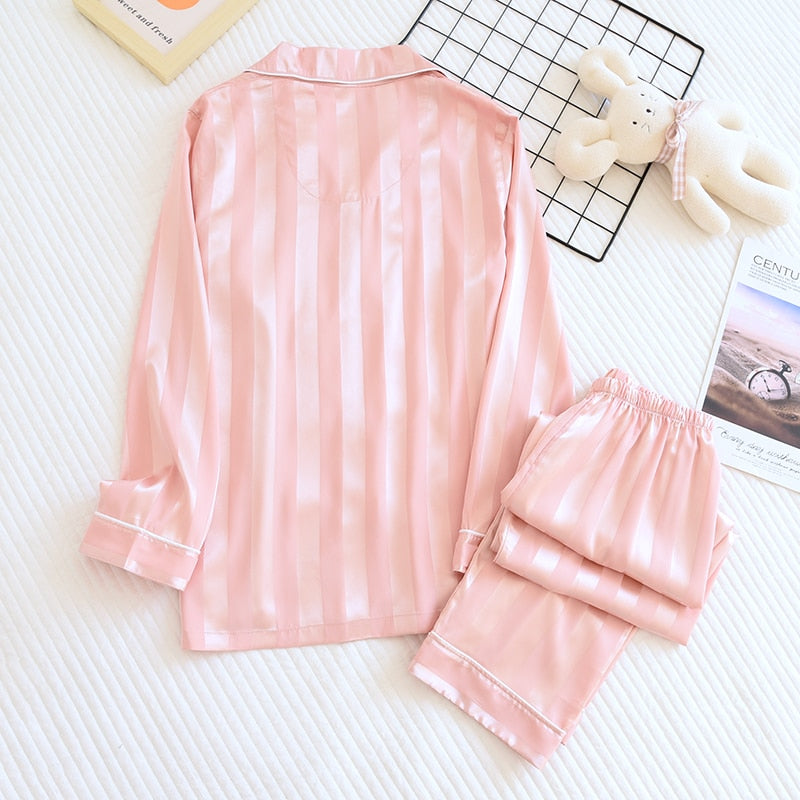 New Couple Pajamas Suit Ice Silk Long-Sleeve Sleepwear Silky Satin Women Home Service Set Femme Pijamas Mujer  Feminino Pyjama