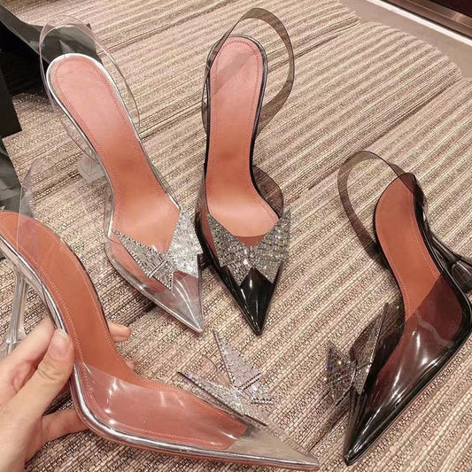 2021 New Pointed Transparent Sandals Women&#39;s Bun Water Drill Bow Wine Glass Heels