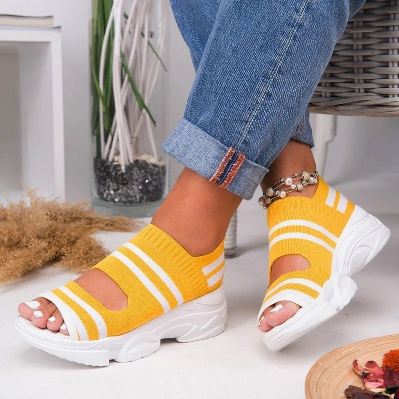 New Women Sandals 2022 High Heels Platform Women Shoes Summer Casual Female Sneakers Knitting Slip On Peep Toe Women Sandals