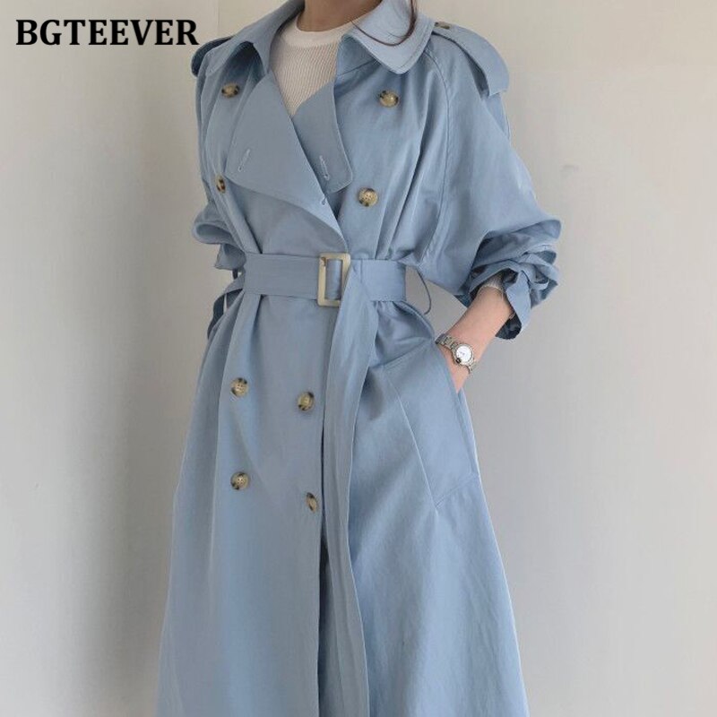 BGTEEVER Autumn Winter Elegant Double Breasted Women Long Trench Coats Long Sleeve Loose Belted Split Female Blue Windbreaker