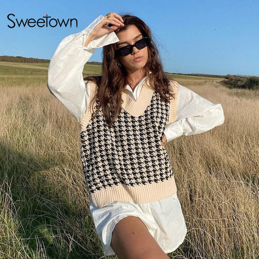 Sweetown Houndstooth Knitted Oversized Womens Sweater Vest Vintage Preppy Style Clothes V Neck Casual Loose 90s Knitwear Autumn