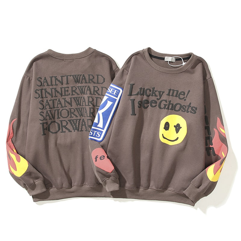 Harajuku Retro Smiley Flame Print Round Neck Sweatshirts Men and Women Plus Velvet Streetwear Fleece Hoodie Pullover