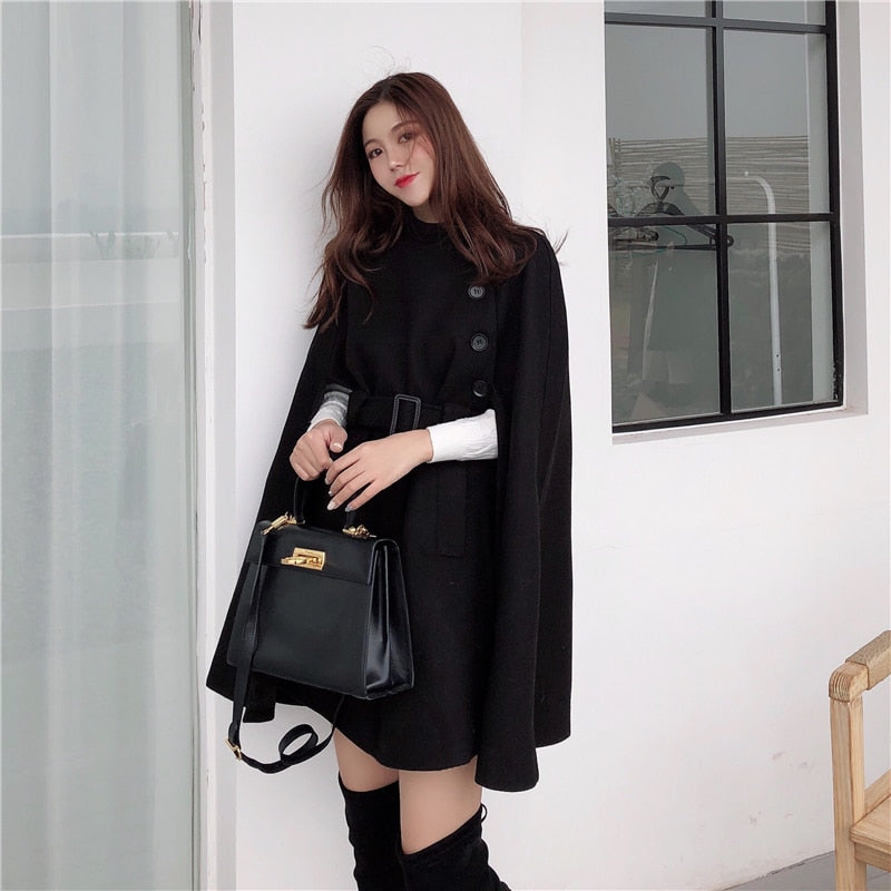 2022 Autumn High Quality Woolen Cloth Shawl Cape Poncho With Belt Women Mid-length Korean Sleeveless Casual Ladies Cape Coats