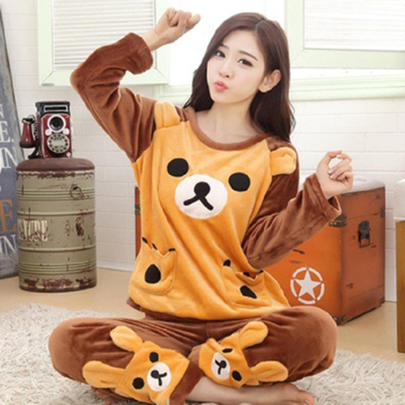 2021 Autumn Winter Pajamas Set Women Sleep Shirt & Pant Set Sleepwear Warm Flannel Nightgown Female Cartoon Bear Animal Pijamas