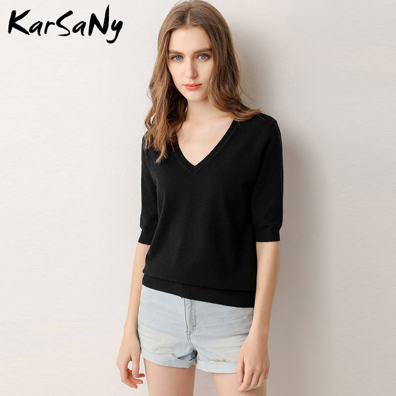 KarSany Half Sleeve Knitted Blouse Women Summer 2022 Pullovers Ladies V-neck Blouses Blouse Knitted Womens Tops And Blouses