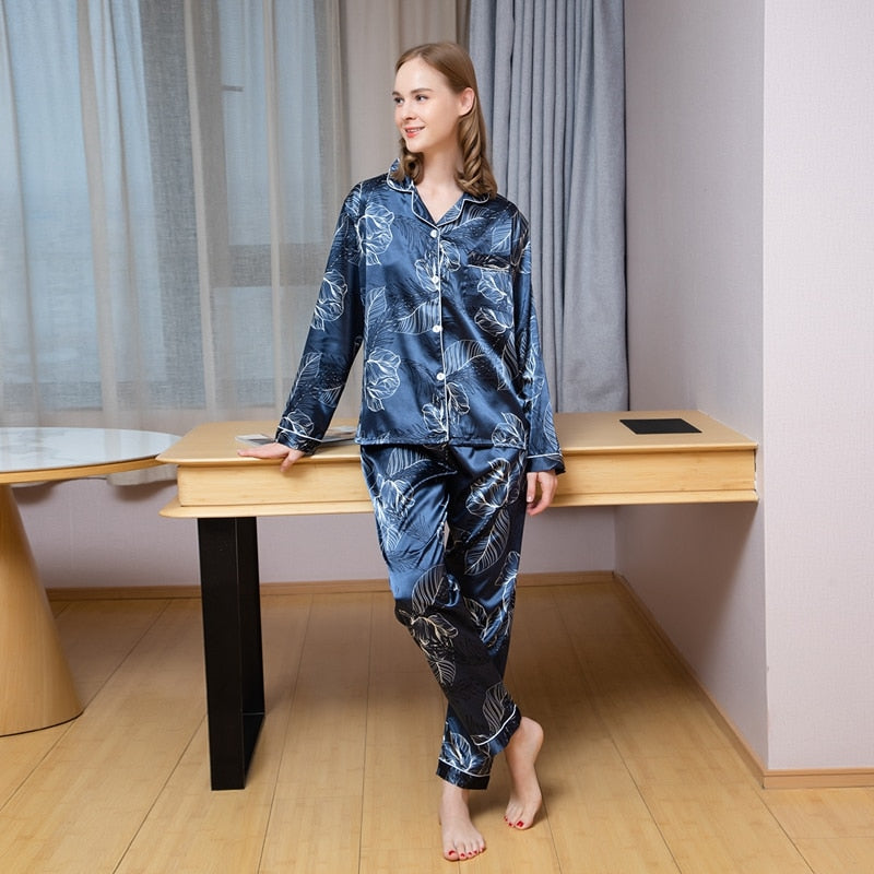 Spring Summer Women&#39;s Pijamas Silk Satin Pajamas Set Long Sleeve and Trouser Pyjamas Suits Sleepwear Loungewear Female Mujer