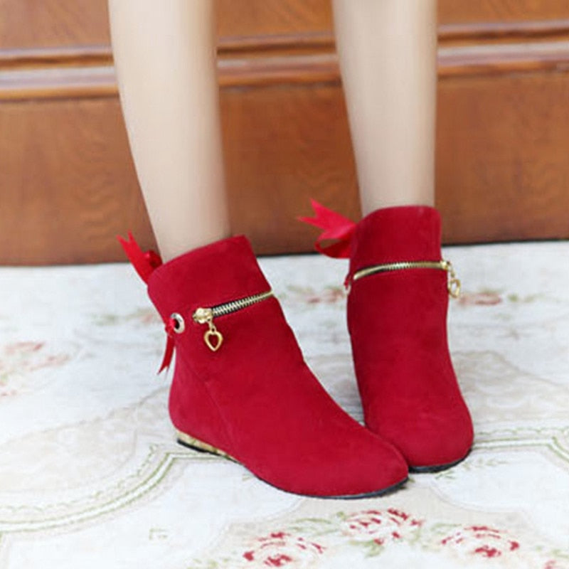 Sweet Bow Ankle Boots Women Faux Suede Boots Short Boots Fashion round toe solid ankle boots Woman Plus Size 35-43