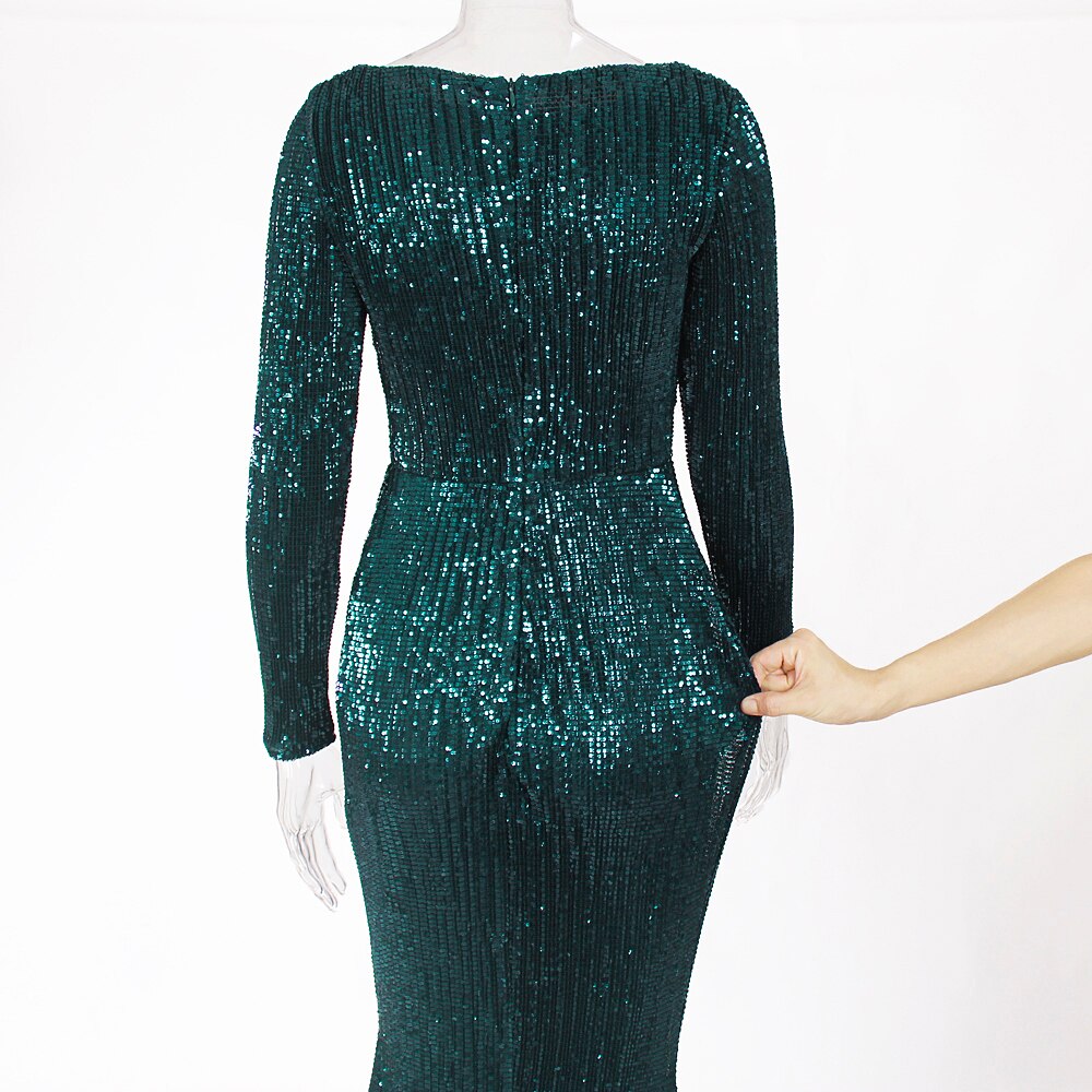 O Neck Full Sleeved Maxi Dress Stretch Sequined Floor Length Evening Party Dress