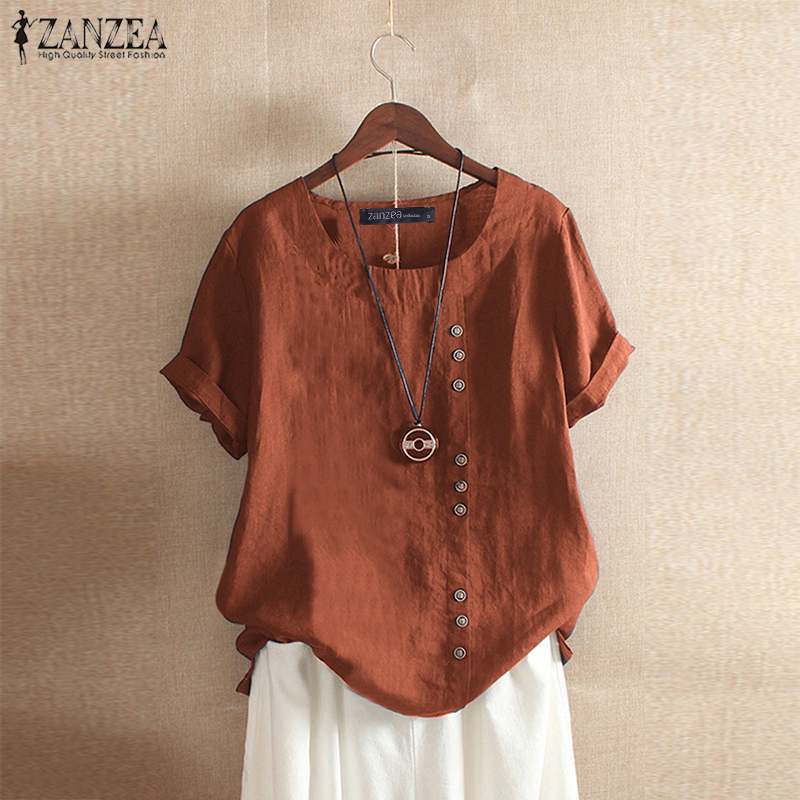 Elegant Cotton Tops Women&#39;s Summer Blouse 2022 ZANZEA Casual Long Sleeve Shirts Female O Neck Button Blusas  Tunic