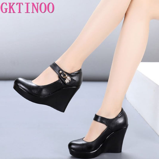 GKTINOO 2022 Spring Autumn Genuine Leather Women&#39;s Fashion High Heels Pumps Wedges Black Color Female Platform Shoes Large size