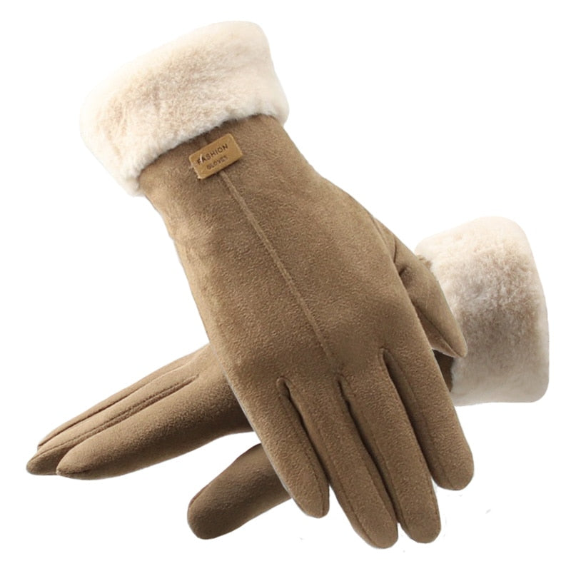 Winter Gloves For Women Touch Screen Lady Suede Warm Plush Inside Finger Gloves Female Winter Elegant Soft Black Mittens Gloves