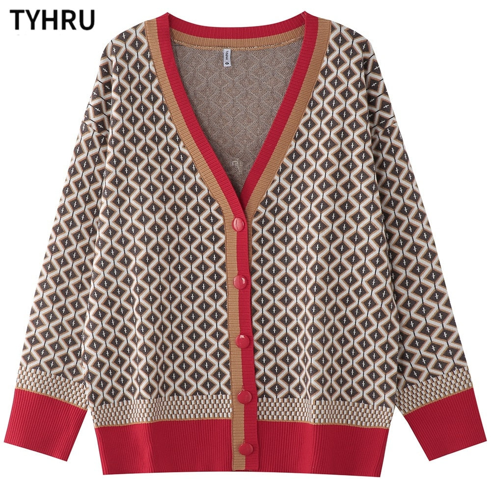 TYHRU Women&#39;s Knitting Sweater Color Matching Diamond Lattice Single-Breasted Buttons Loose Casual Knitted Cardigan Sweaters