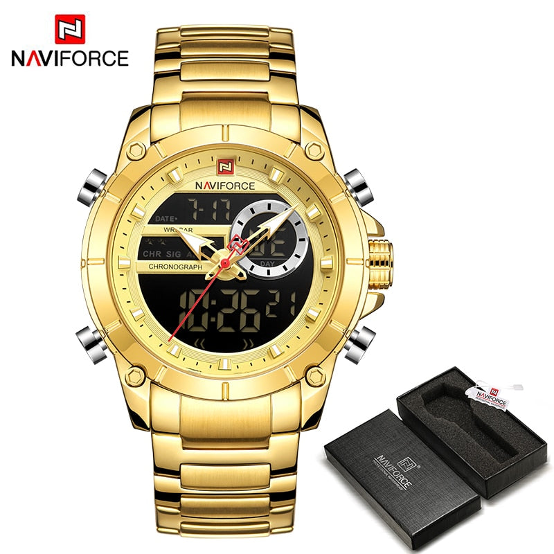 NAVIFORCE Luxury Original Sports Wrist Watch For Men Gold Quartz Steel Waterproof Dual Display Watches Relogio Masculino 9163