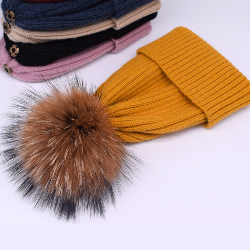 2022 New winter hat luxury quality Fox fur pompom hats beanie High quality Girls women bonnet winter hats for women