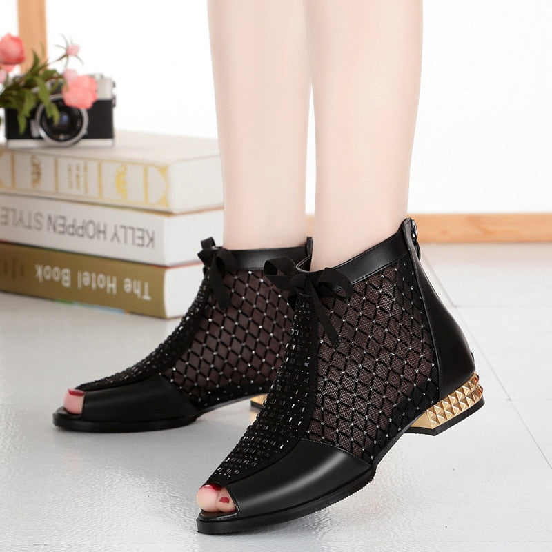 GKTINOO 2022 Spring Summer New Bow Genuine Leather Women Boots Hollow Mesh Ankle Boots Comfortable Low Heels Fashion Shoes