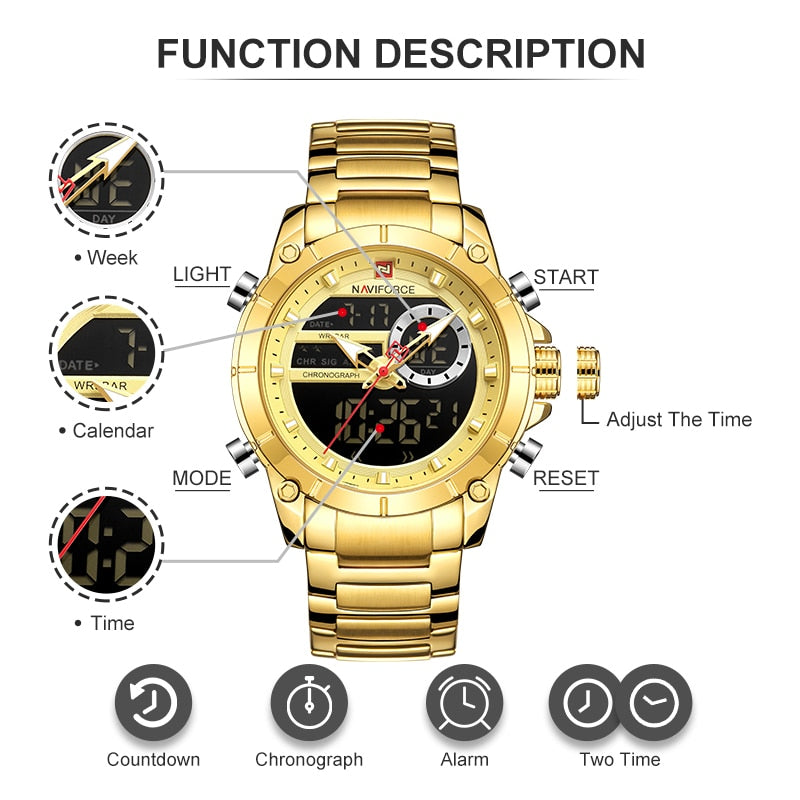 NAVIFORCE Luxury Original Sports Wrist Watch For Men Gold Quartz Steel Waterproof Dual Display Watches Relogio Masculino 9163