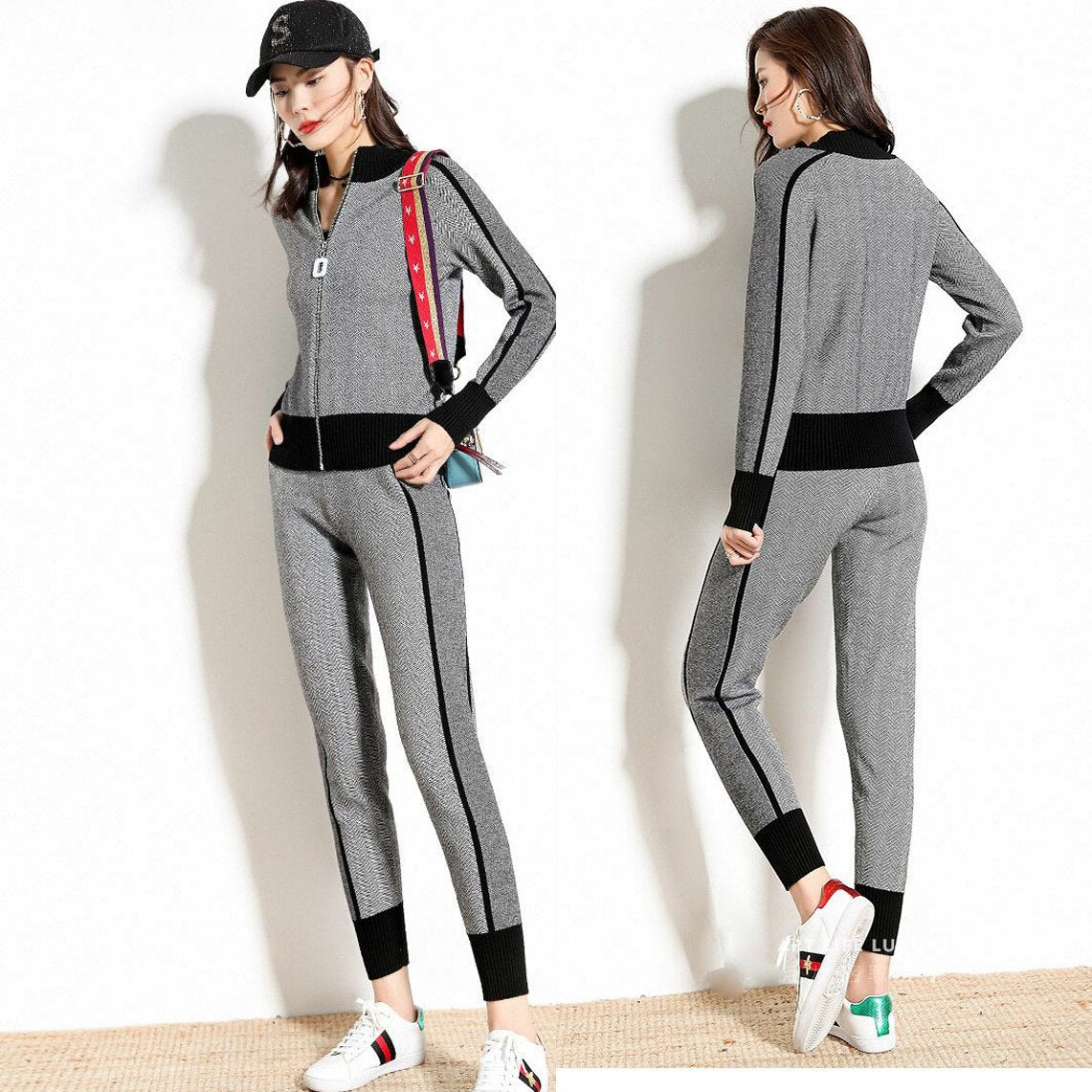 sweater+pants women clothing set casual body suits cardigan pants outfits spring plaid two pieces set woman knitted tracksuits