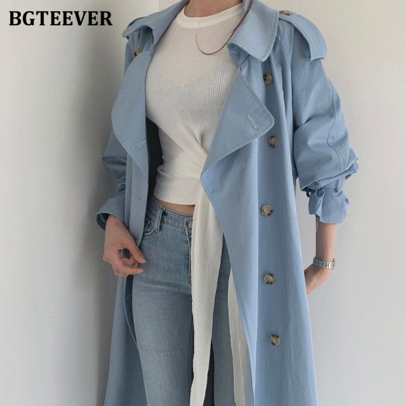 BGTEEVER Autumn Winter Elegant Double Breasted Women Long Trench Coats Long Sleeve Loose Belted Split Female Blue Windbreaker