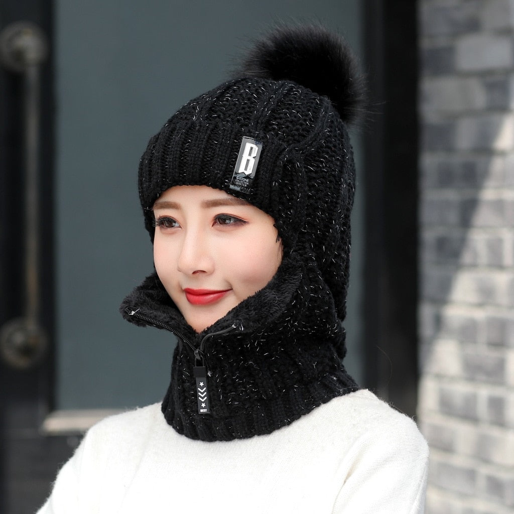 Coral Fleece Winter Women Knitted Hats Add Fur Warm Winter Hats For Women With Zipper Keep Face Warmer Balaclava Pompoms Cap