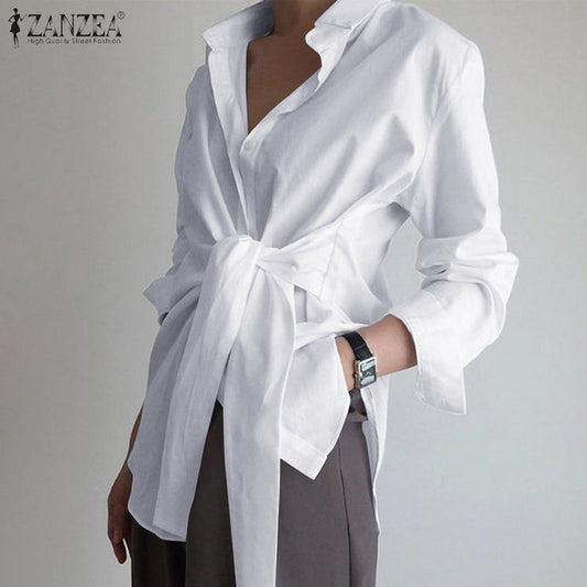 Fashion Women Long Sleeve Shirt ZANZEA Casual Lace Up Shirts Elegant Lapel Neck OL Asymmetric Tops Spring Blusas Femininas Tunic